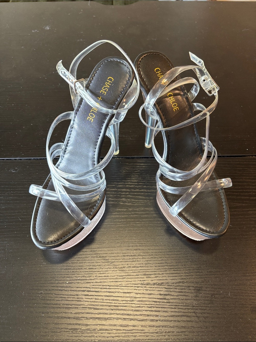 Chase + Chloe Clear Strappy High Heels with Black Insole